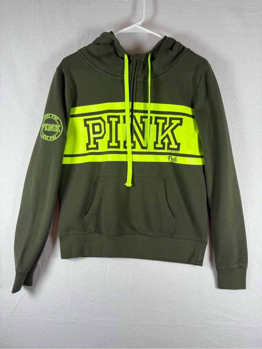 Victoria Secret Pink 3/4 Zip-up Pullover Hoodie Forest and Lime Green Size Small